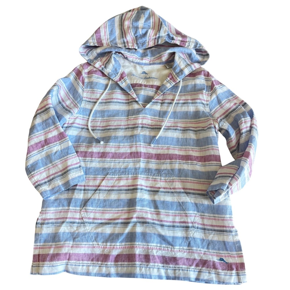 Tommy Bahama Womens Linen Striped Hoodie Pullover Blue Pink TW317448 Size S